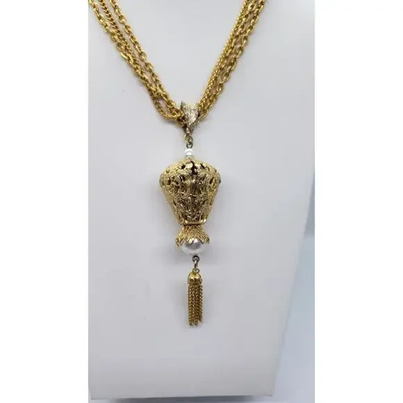 Vtg Pearl Pendant Necklace Tassel Triple Chain Gold Plated 70s Celebrity - Picture 2 of 10